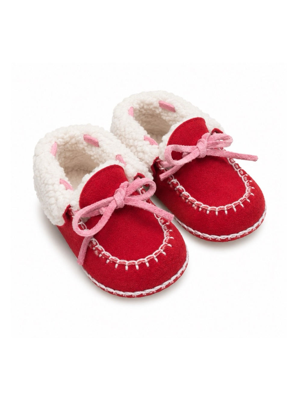 Red & Pink Cozy Sherpa Moccasin Style Baby Booties Infant Size 2